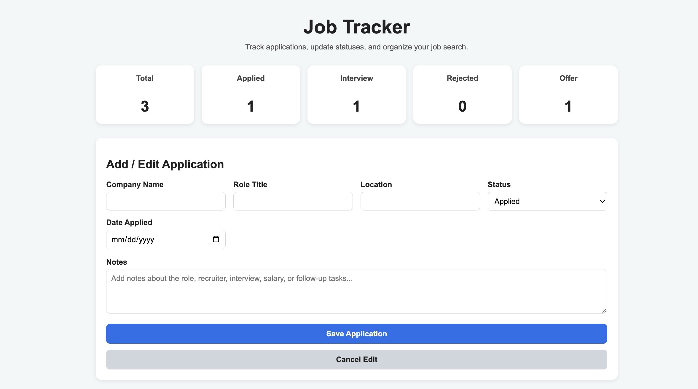 Screenshot of the Job Tracker project