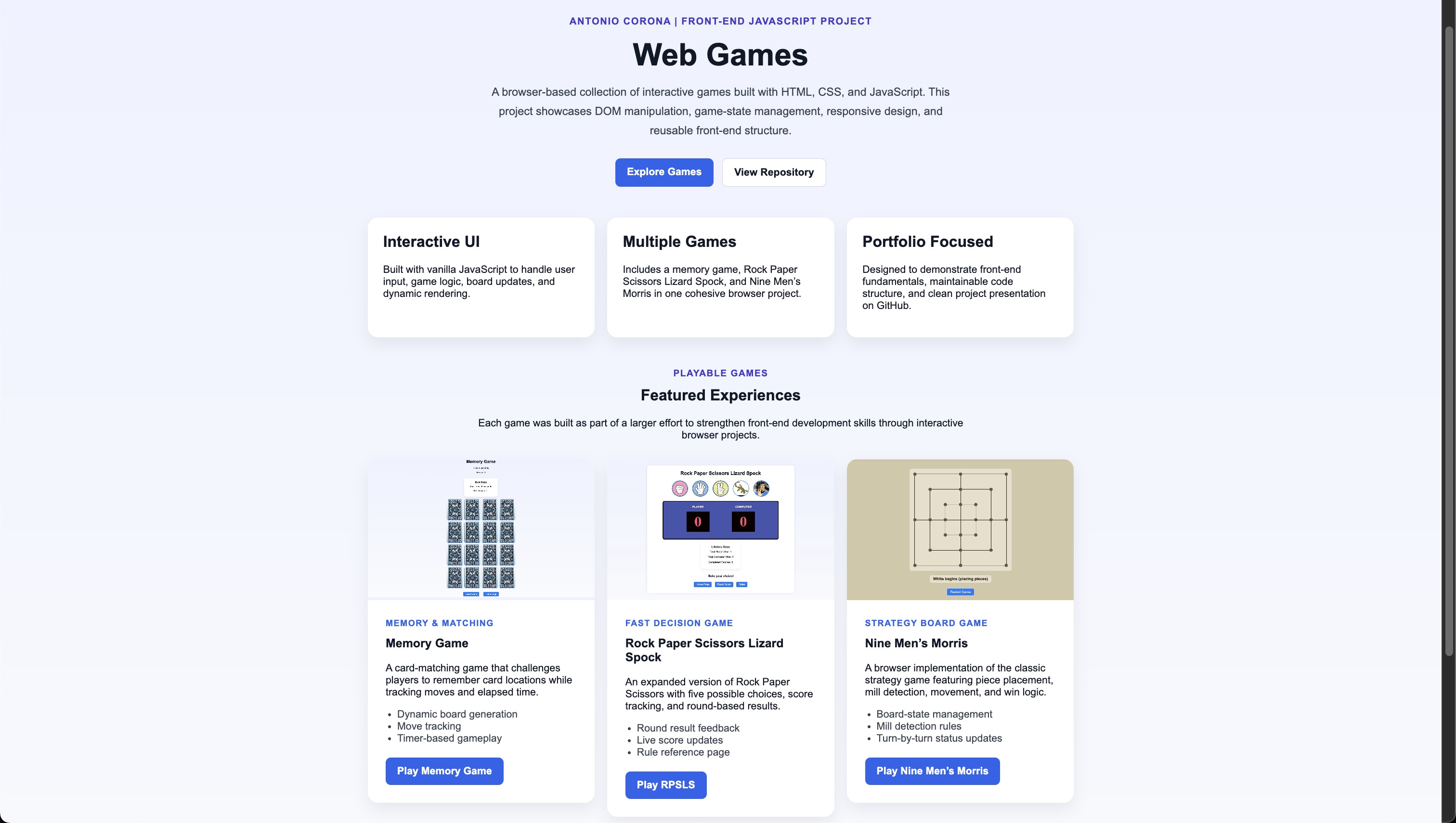 Screenshot of the Web Games Collection project