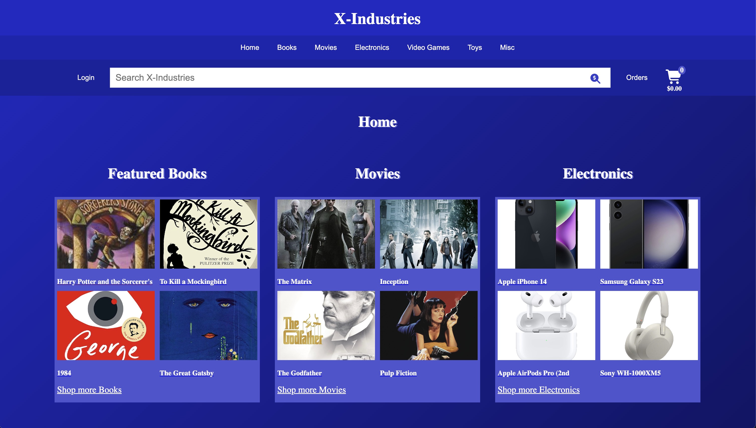Screenshot of the X-Industries e-commerce project